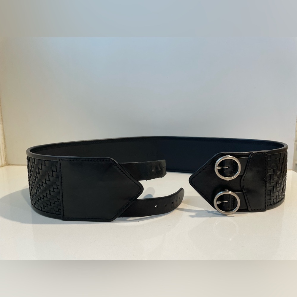 Cole Haan Black Leather Woven Wide Statement Belt with Double Buckle